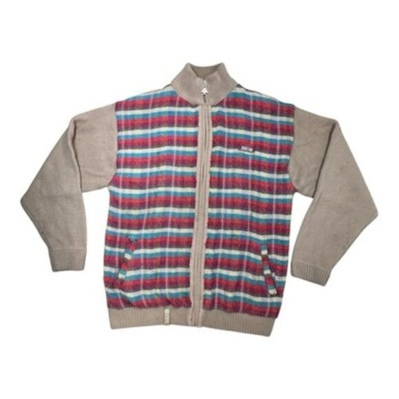 LRG Knit Sweater Jacket L Beige Multi Stripe Front Zip-Up Pockets Lined Rare - Picture 1 of 16
